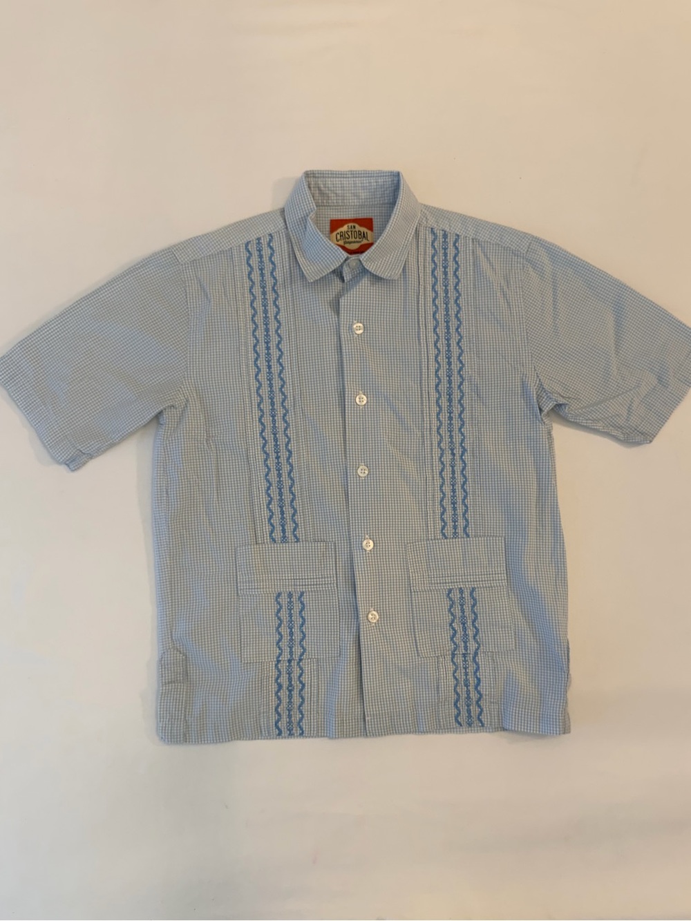 San Cristobal Guayaberas Light Blue Lagoon Embroidered Check Print (Boys 7/8)
